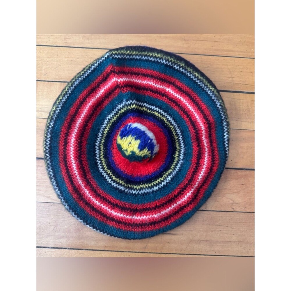 Vintage LL Bean Beret Hat Multicolor Royal Stewart Refine Wool Pom Pom‎